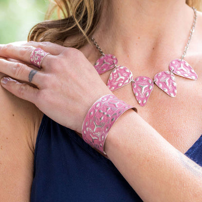 Silver Patina Bracelet - Pink Linear Shapes