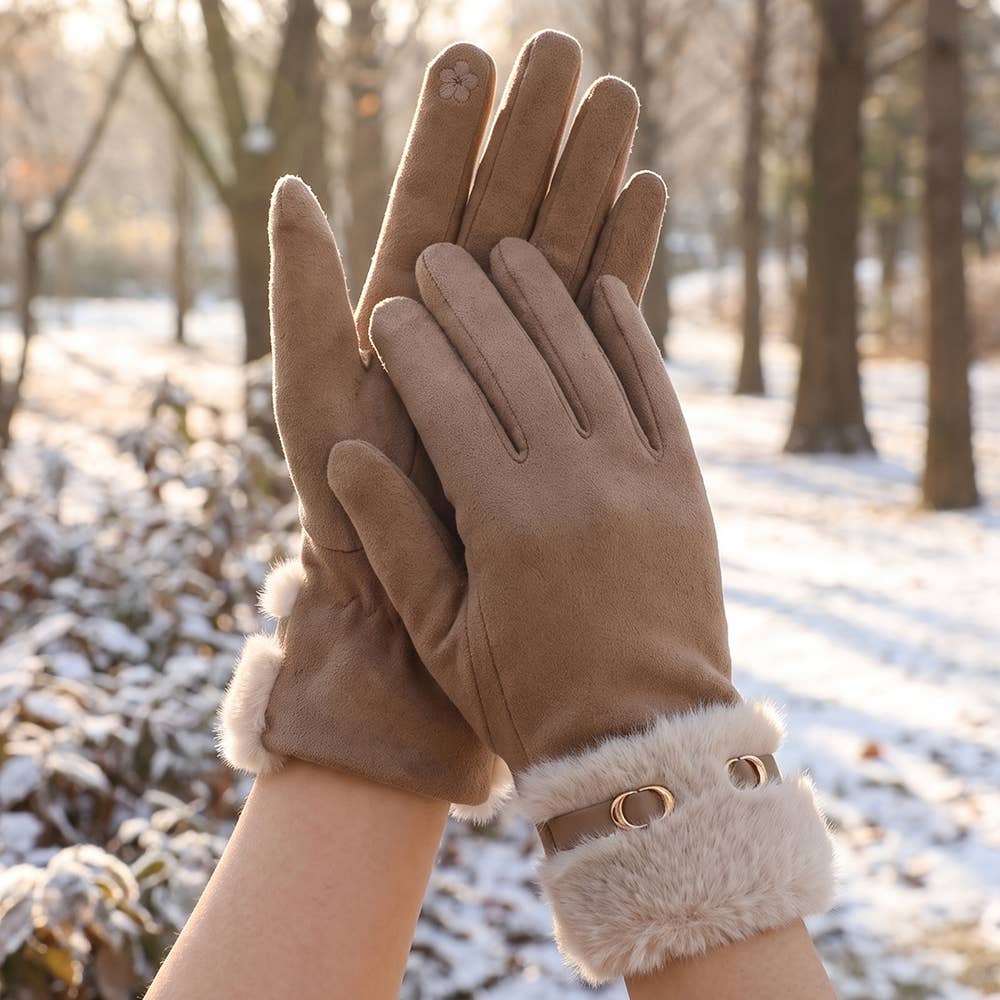 Fur Band Buckle Accent Touchscreen Gloves