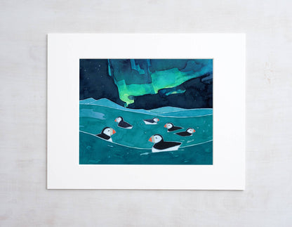 Puffins Northern Lights Art Print, Aurora Borealis