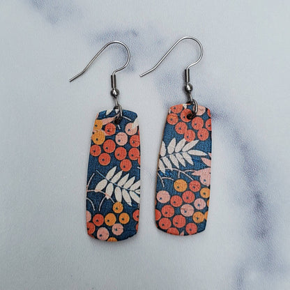 Fall Floral on Blue Mini Bar Leather Earrings