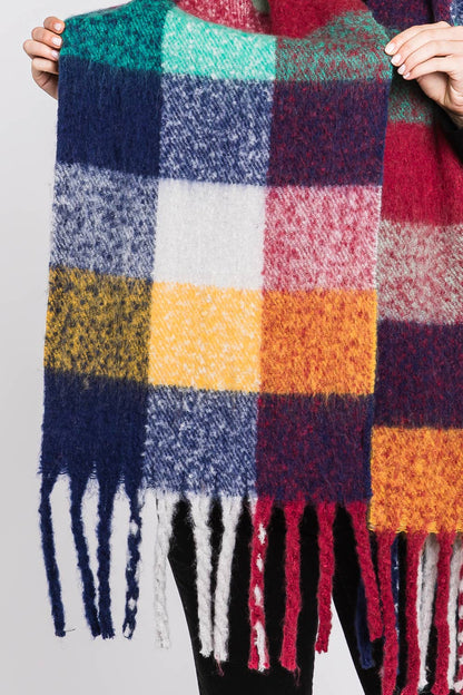 Multi Color Plaid Oblong Fringe Scarf