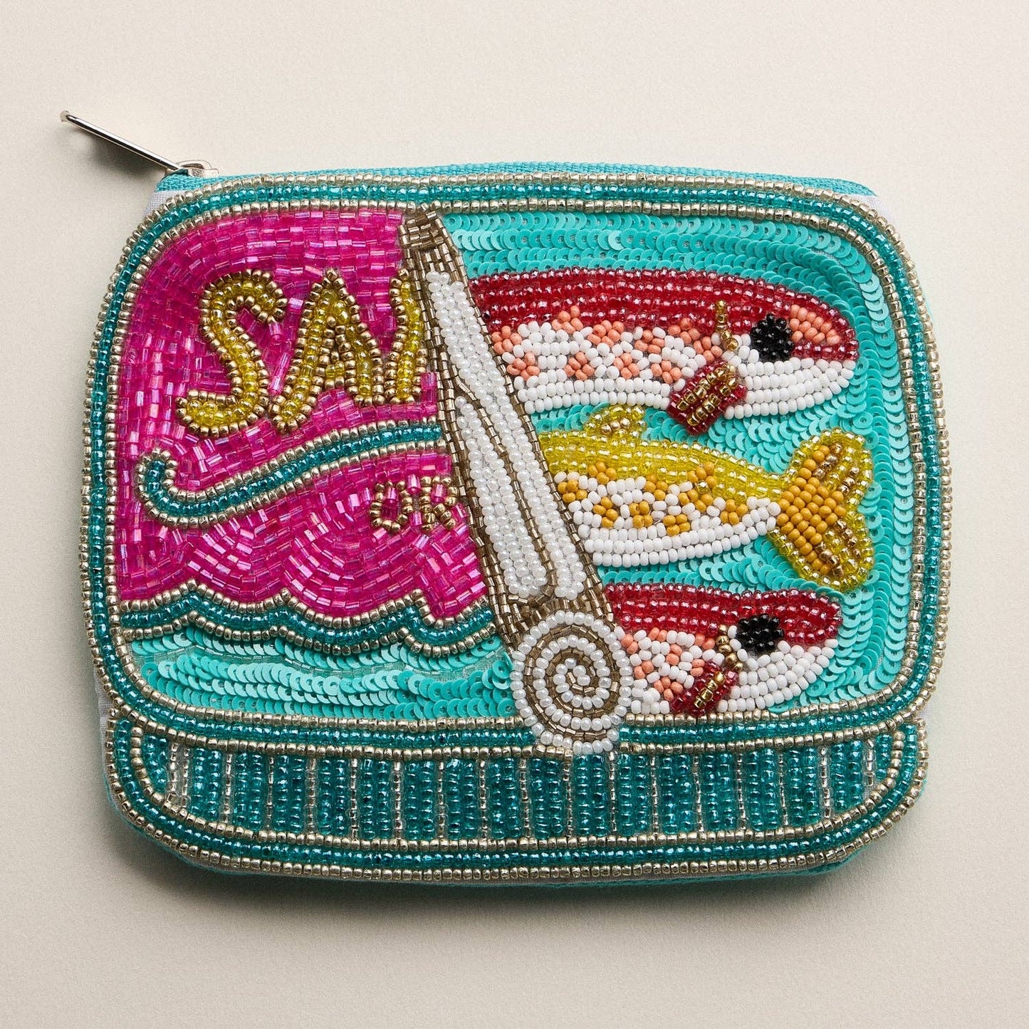 Beaded Sardine Can Clutch | Hand-Embroidered Sequin Zip Pouch