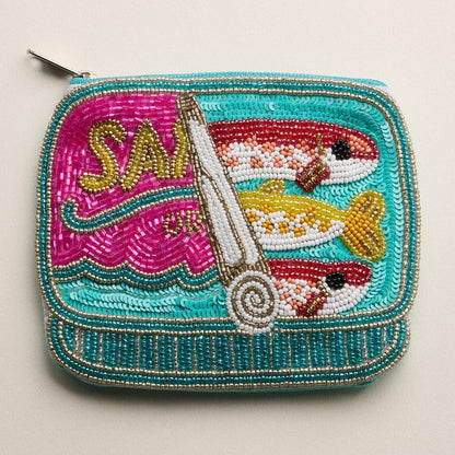 Beaded Sardine Can Clutch | Hand-Embroidered Sequin Zip Pouch