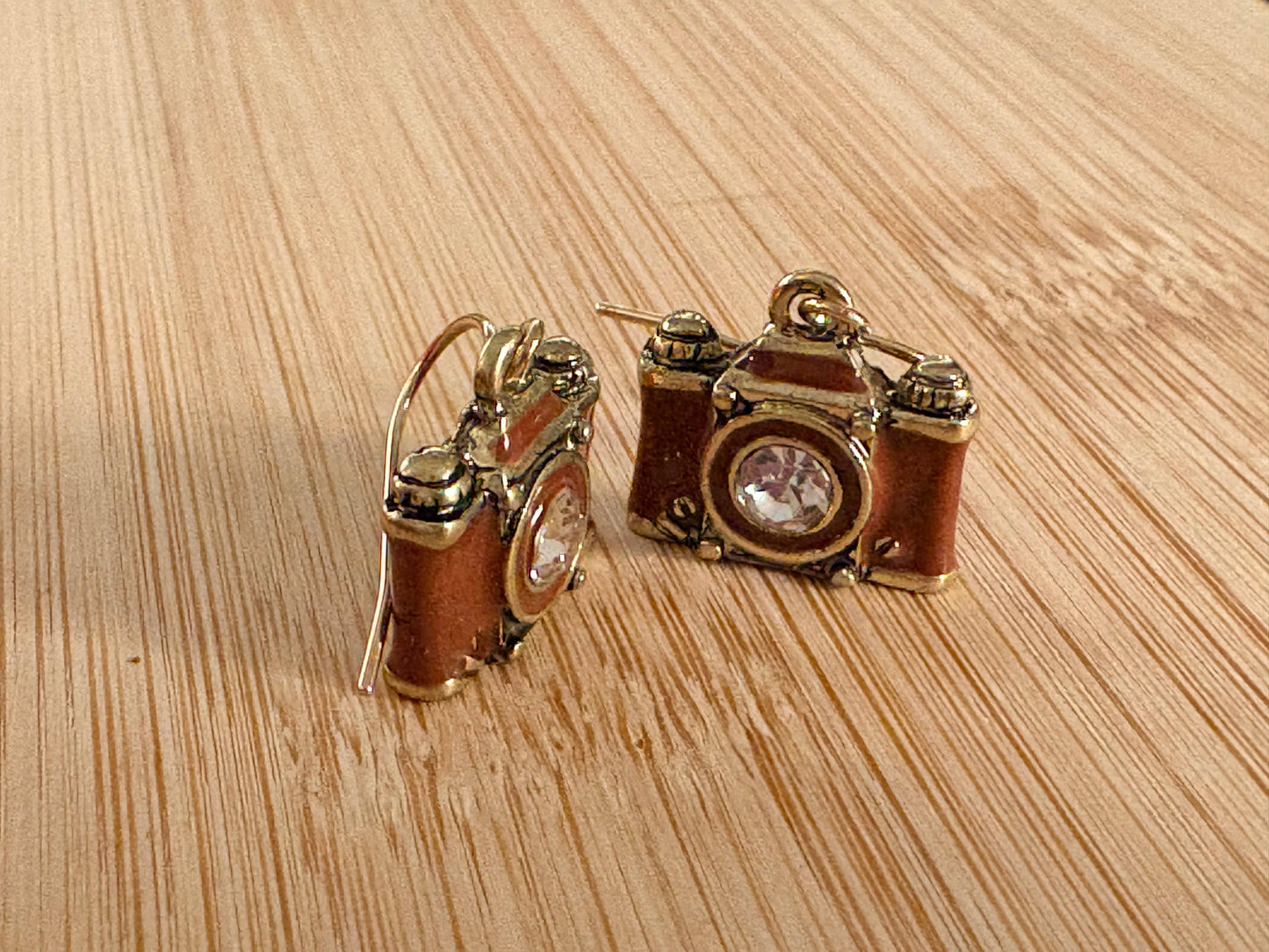 Crystal Lens Brown film camera vintage retro Earrings