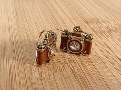 Crystal Lens Brown film camera vintage retro Earrings