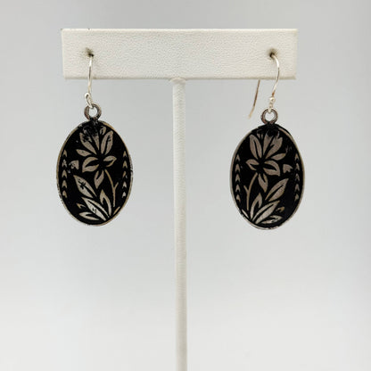 Handcrafted Silver Patina Black Floral Earrings