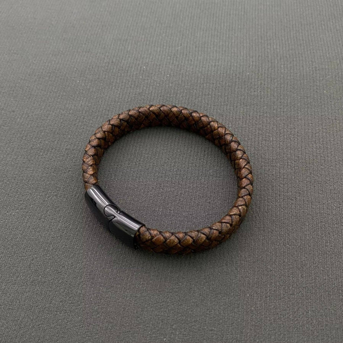 Brown  Leather Men's Stainless Steel Buckle Bracelet