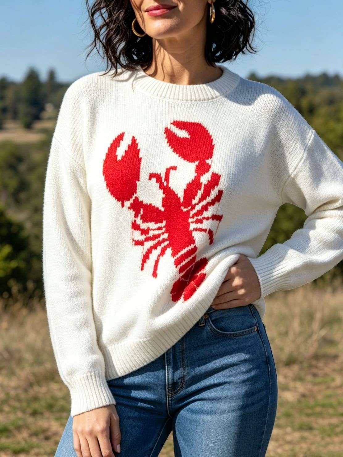 Red Claw lobster jacquard knit sweater fall winter pullover