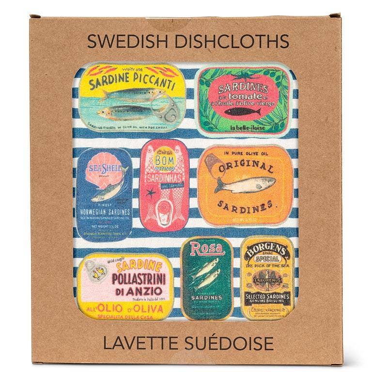 Sardine Tins on Stripes Dishcloth-6.75x7.5"L