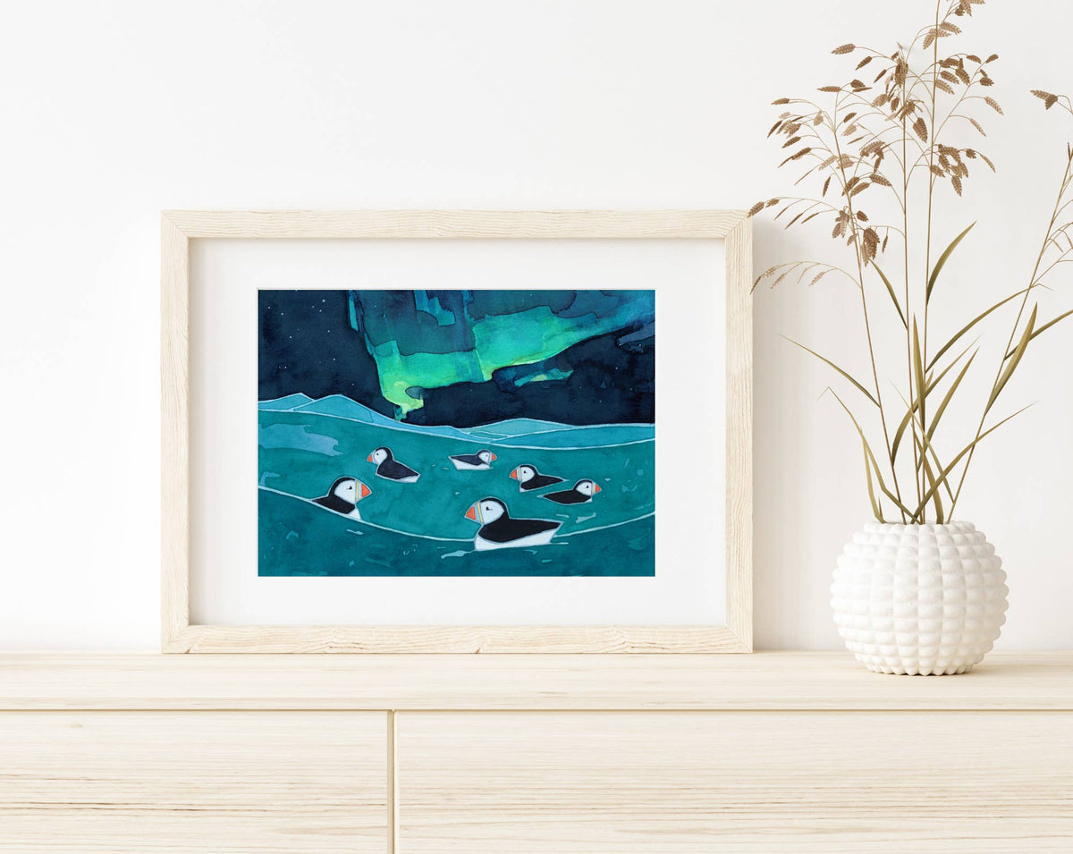 Puffins Northern Lights Art Print, Aurora Borealis