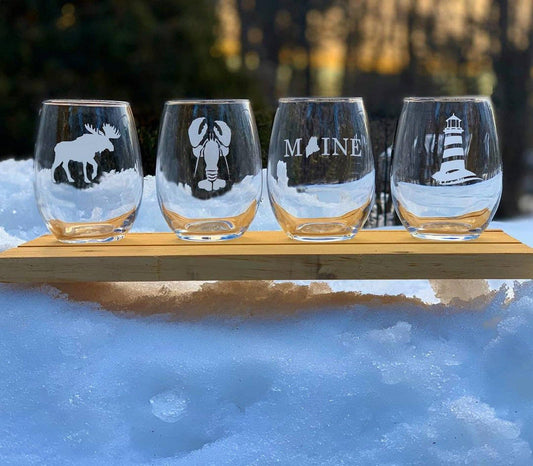 Maine Inspired Etched Stemless Wine Glasses | Maine Gifts