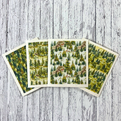 Moose In Pine Trees Swedish Dishcloths - Sponge Cloth