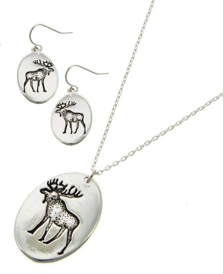 Moose Animal  Round Metal Necklace Set