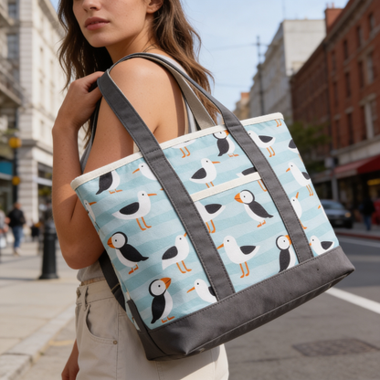 Coastal Puffin & Seagull Canvas Tote Bag – Ocean Bird Travel Carryall