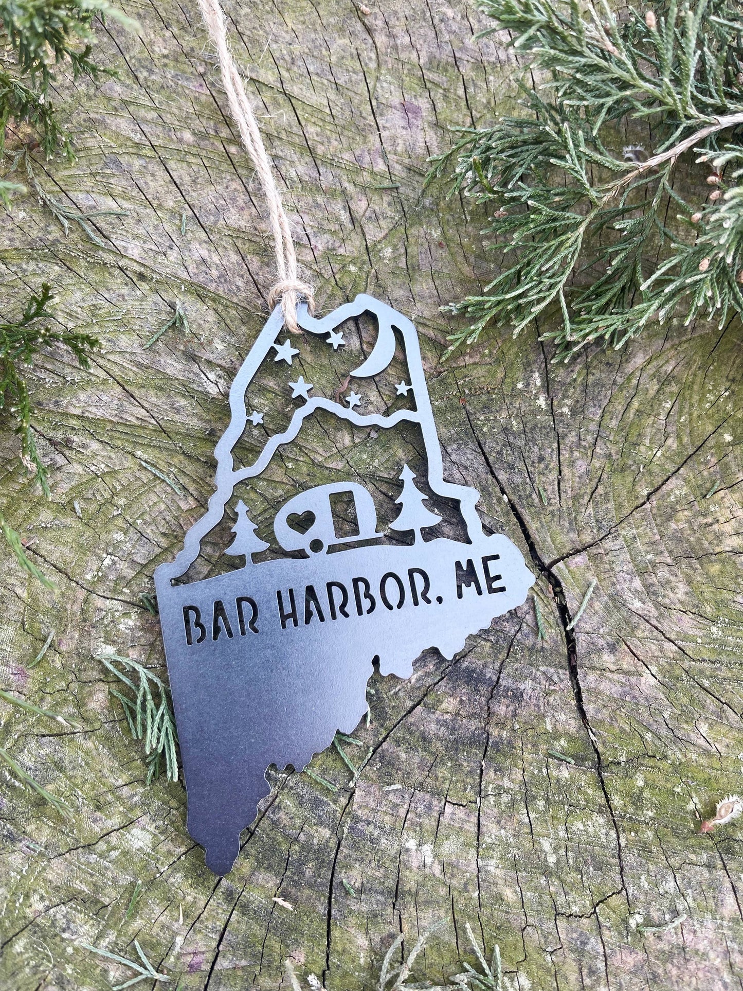 Maine State BAR HARBOR Camper Raw Steel Metal Ornament
