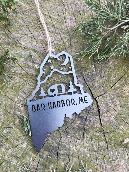 Maine State BAR HARBOR Camper Raw Steel Metal Ornament