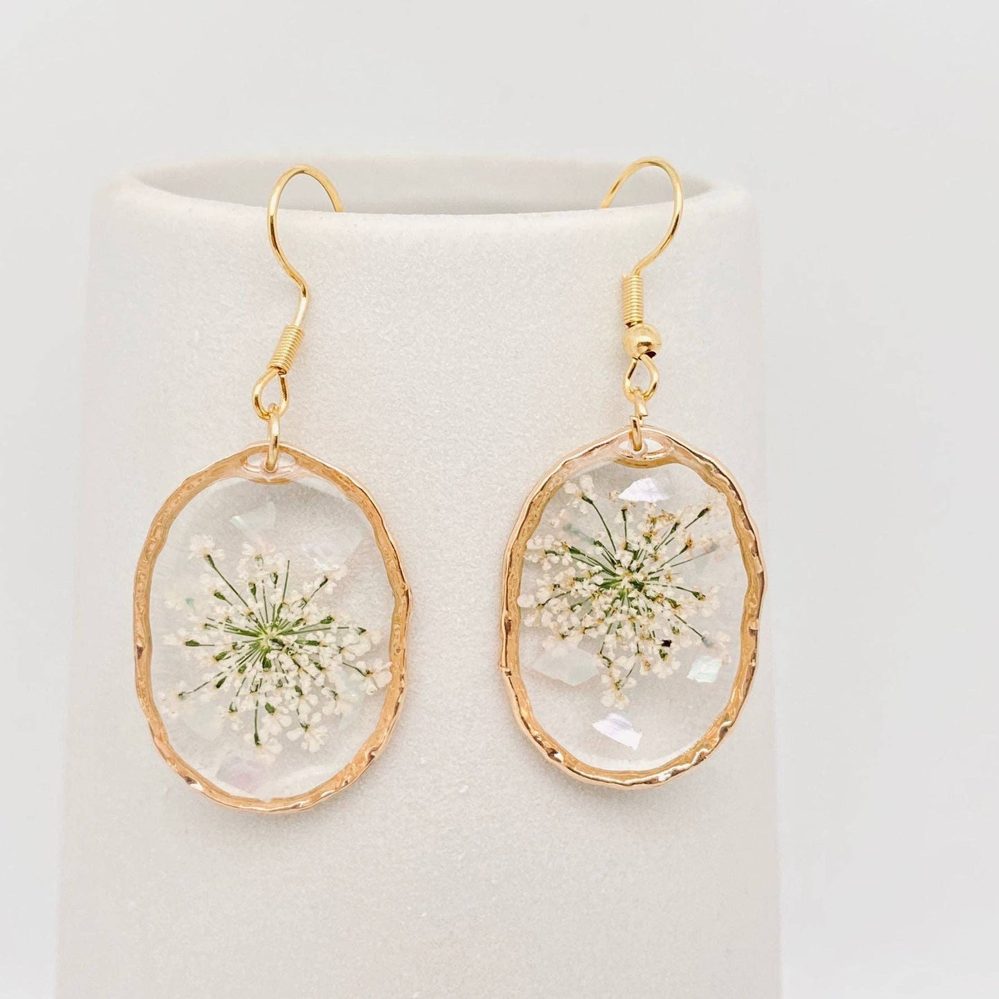 Queen Anne's Lace Dried Flowers Irregular Oval Earrings
