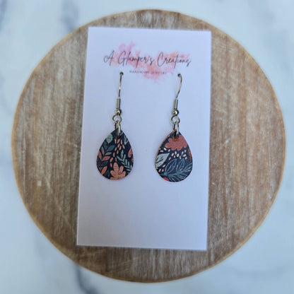 Fall Floral & Acorns MINI Teardrop Leather Earrings
