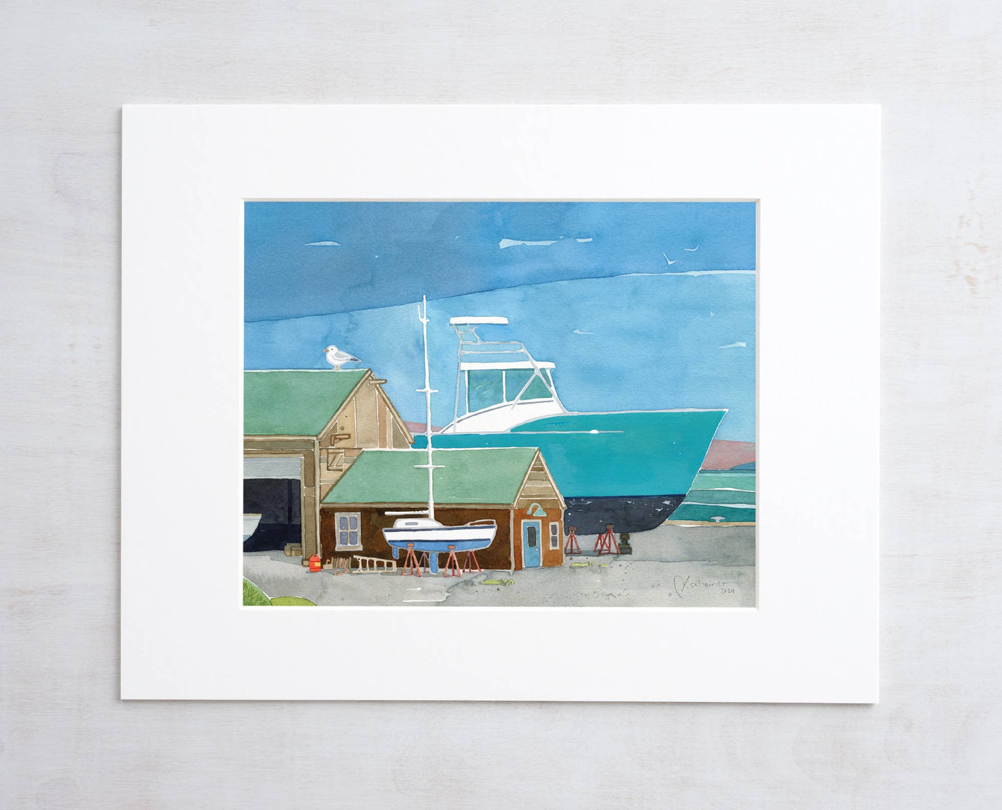 Boatyard Watercolor Print Coastal Sailboat Art