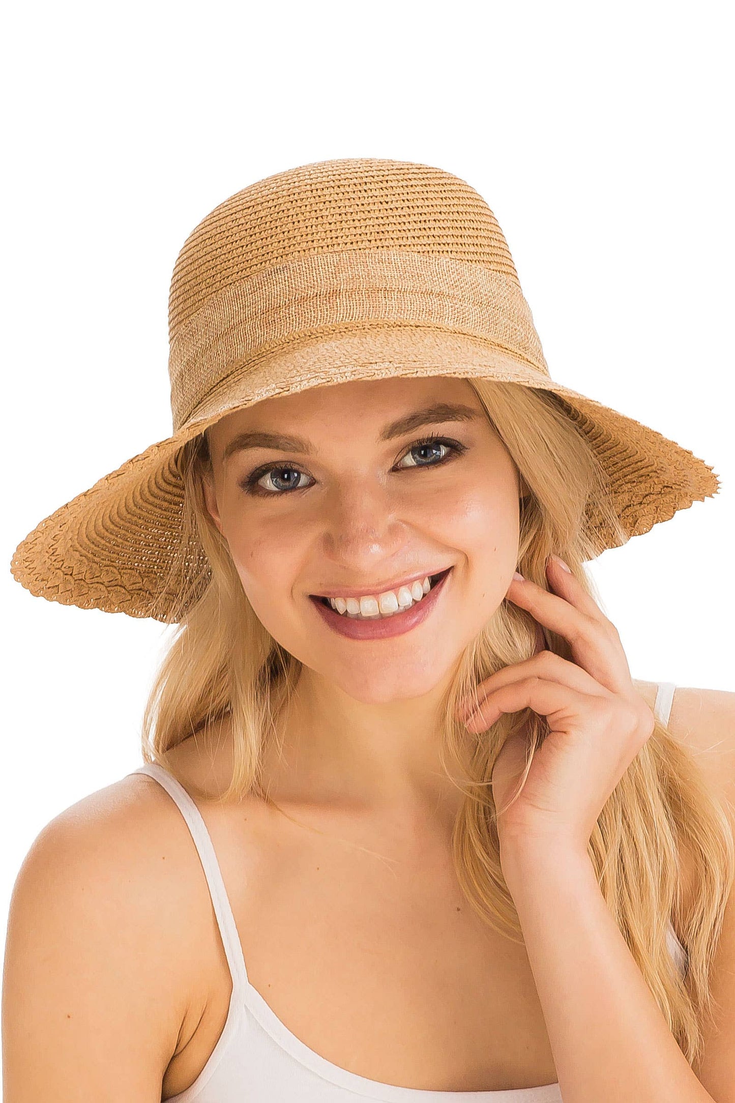 Burlap Ribbon Scallop Derby Sun Hat with Chin Strap