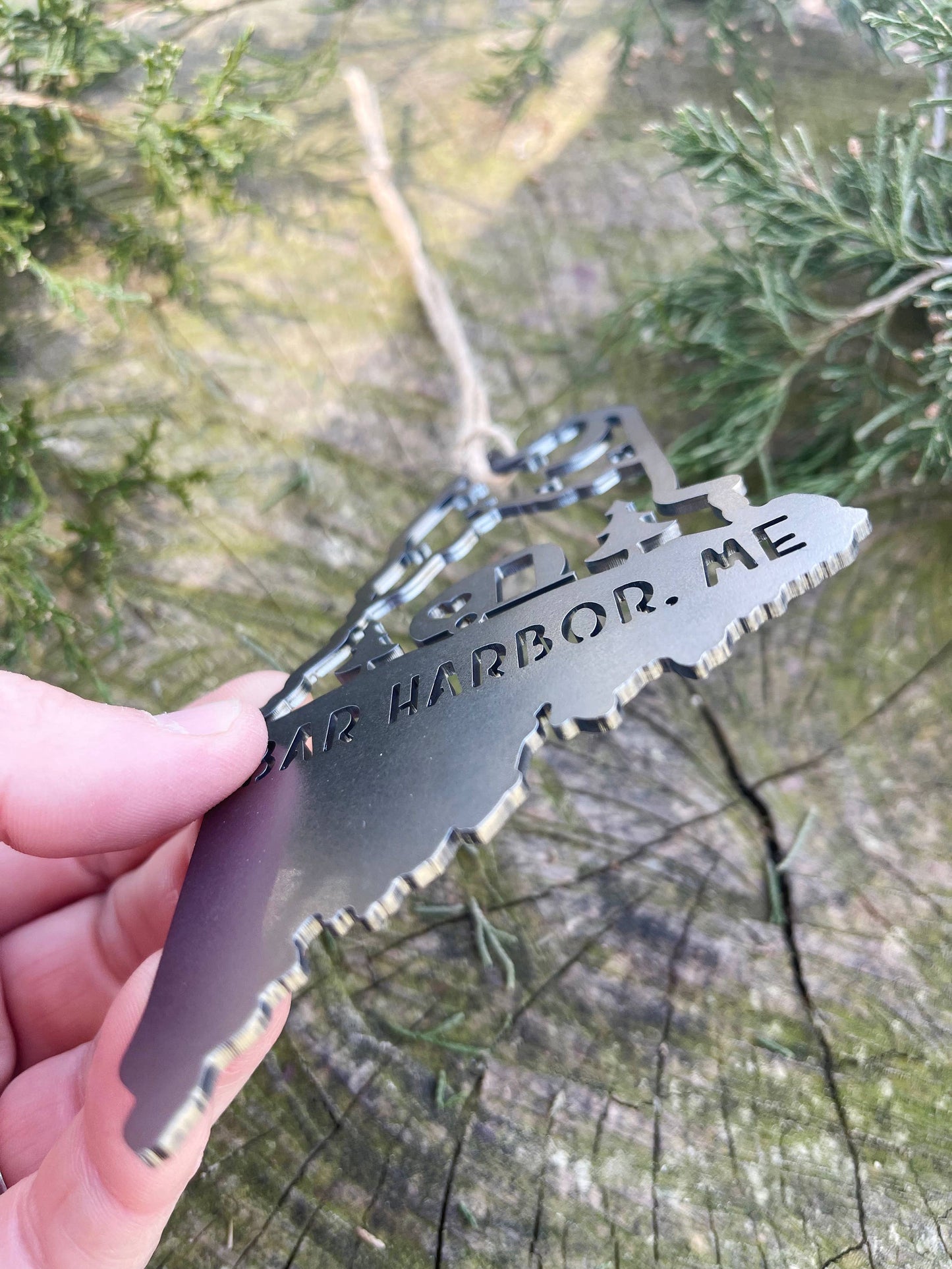 Maine State BAR HARBOR Camper Raw Steel Metal Ornament