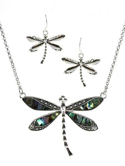 3D Abalone Dragonfly Pendant Necklace Set
