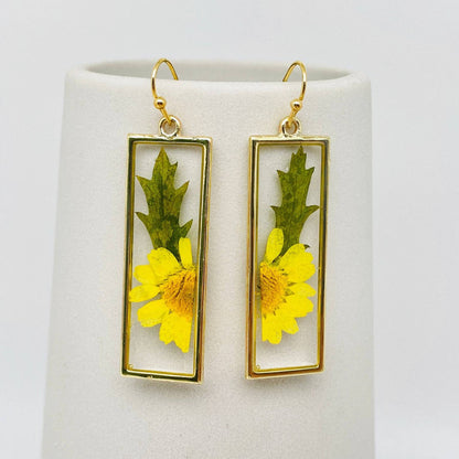Yellow Chrysanthemum & Fern Dried Plant Earrings