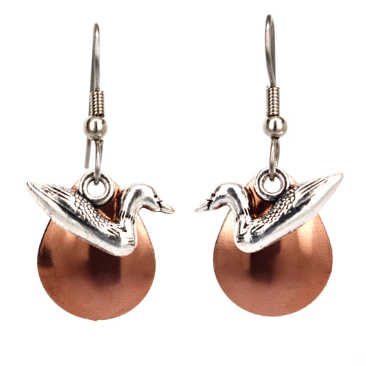Copper Tone Loon Earrings Lake Mountain Jewelry Bird Pcs.