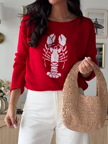Rolled Trim Lobster Graphic Knit Top In Red