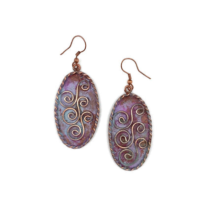 Copper Patina Earrings - Three Double Spirals in Lilac Ovals