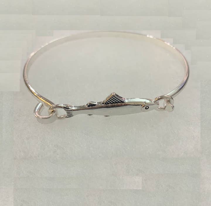 3D Antique Silver Salmon Fish Casting Bangle Bracelet