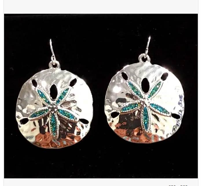 Blue Glitter Sand Dollar Metal Dangle Earrings