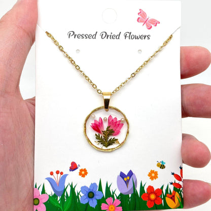 Dried Flowers Floral Irregular Round Pendant Necklace