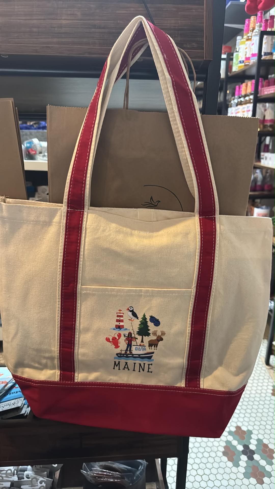 Red Trim Canvas Tote Bag Maine