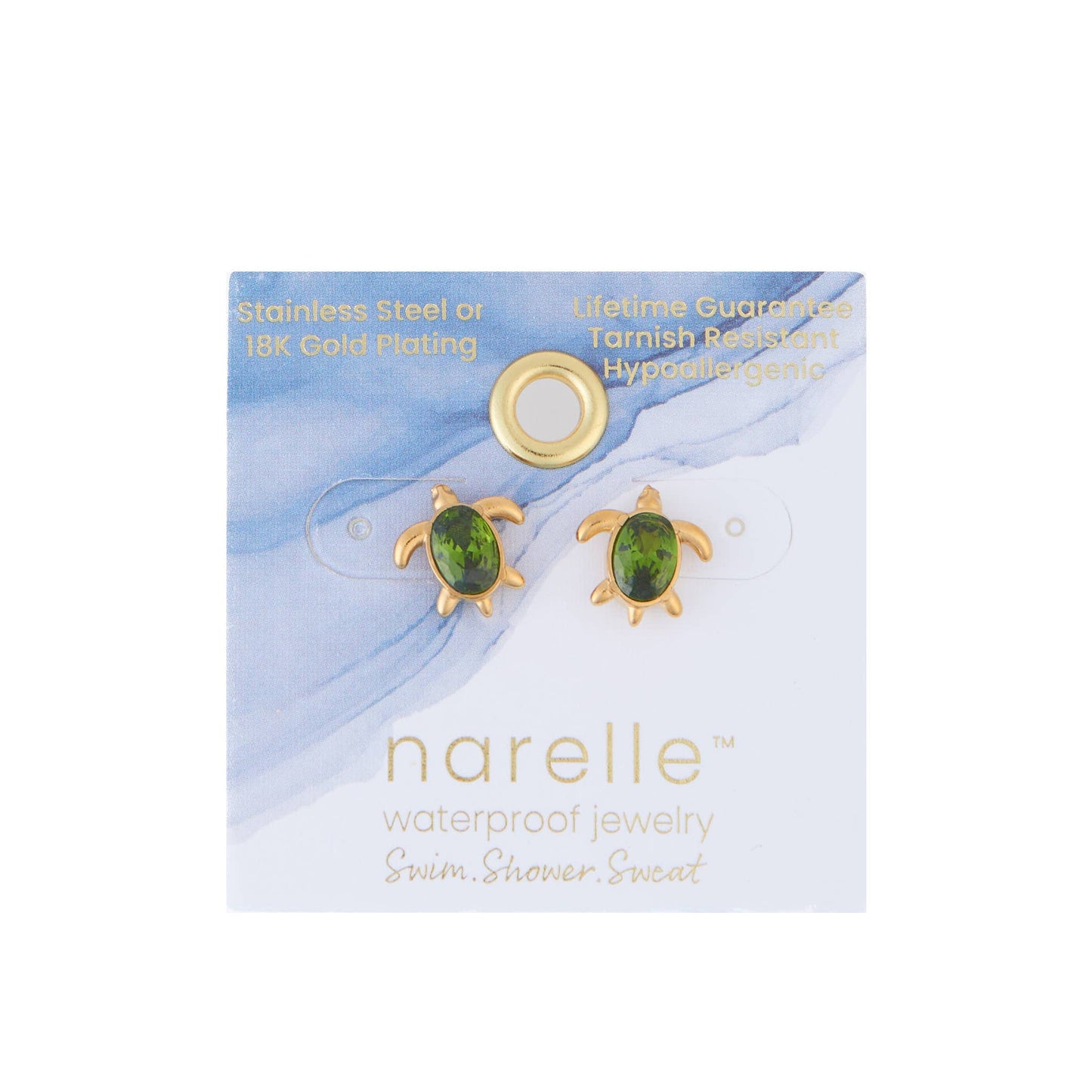 Waterproof Earrings Turtle Studs Green Cubic Zirconia