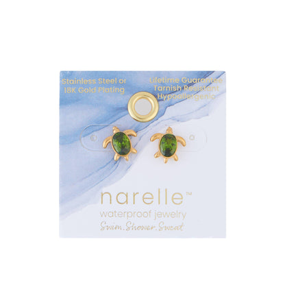 Waterproof Earrings Turtle Studs Green Cubic Zirconia