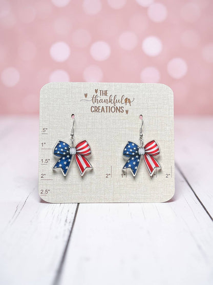 Patriotic USA Flag Bow Earrings