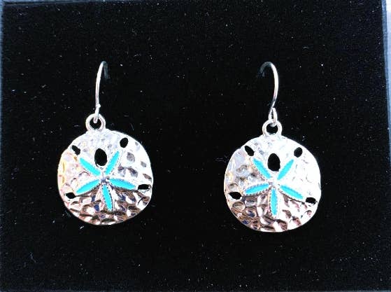 Turquoise Sand Dollar Hammered  Metal Dangle Earrings