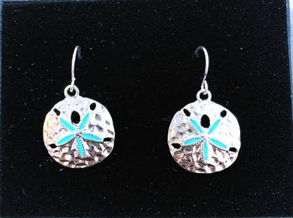 Turquoise Sand Dollar Hammered  Metal Dangle Earrings