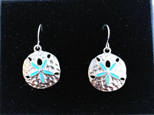 Turquoise Sand Dollar Hammered  Metal Dangle Earrings