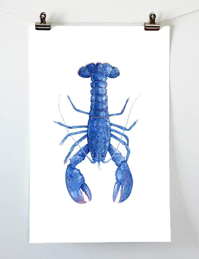 Blue Lobster Watercolor Print, Nautical New England Wall Art