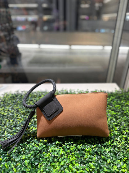 Faux Suede Cuff Handle Tassel Wristlet/Clutch