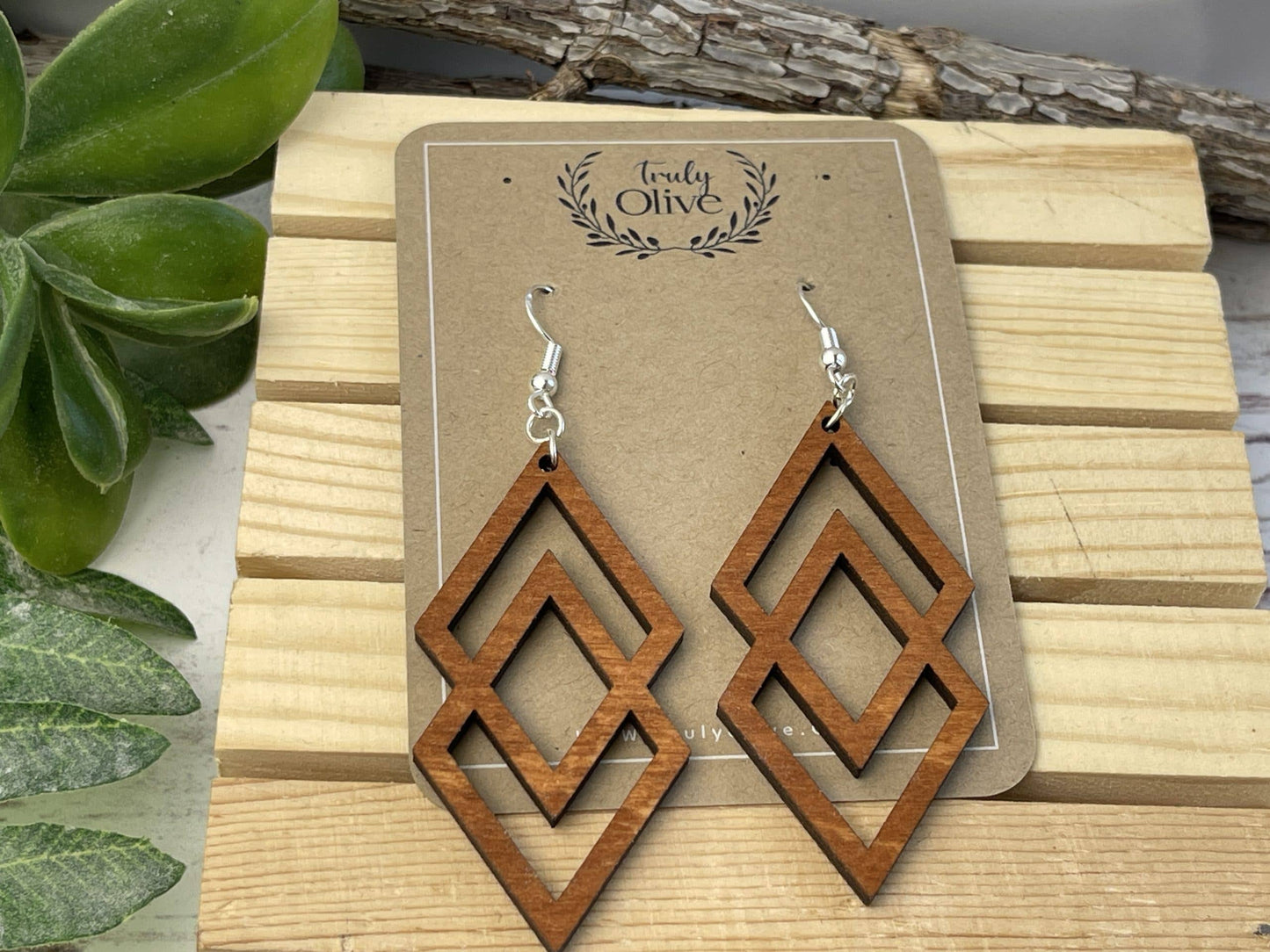 Antique Wood Connected Triangles Earrings