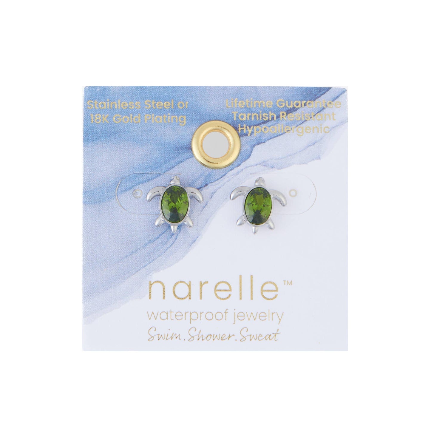 Waterproof Earrings Turtle Studs Green Cubic Zirconia