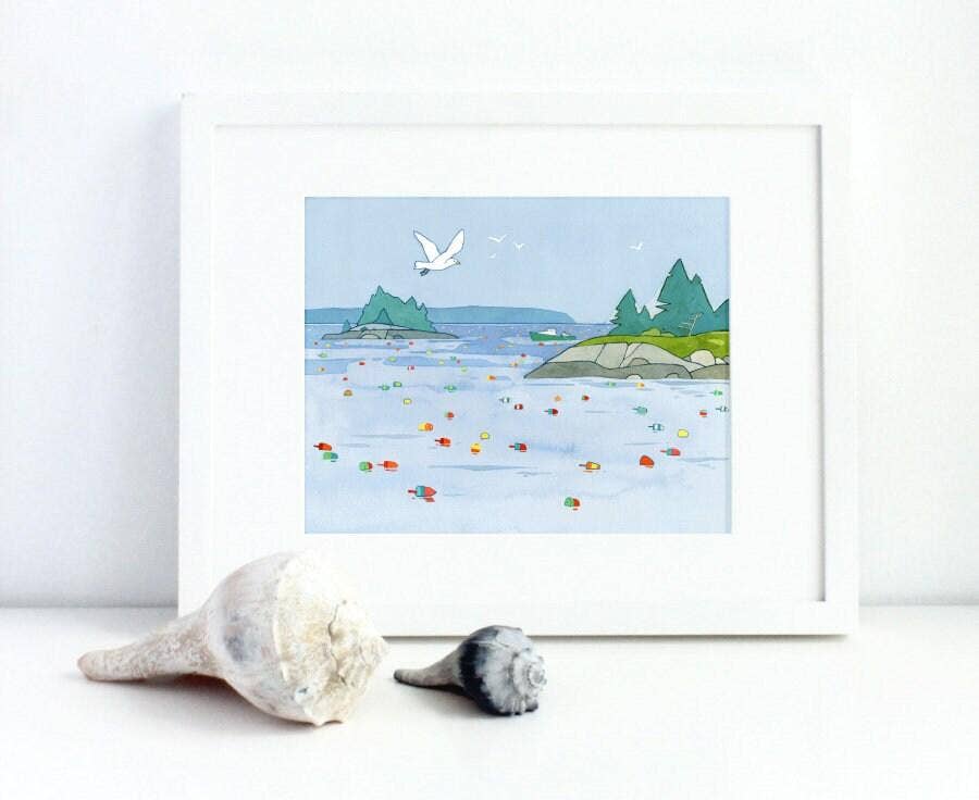 Maine Seascape Art Print, Lobster Buoys Coastal Print