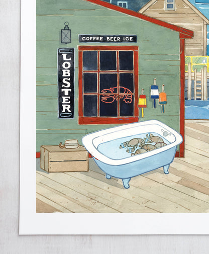 Maine Lobsters General Store Art Print, Coastal Seascape