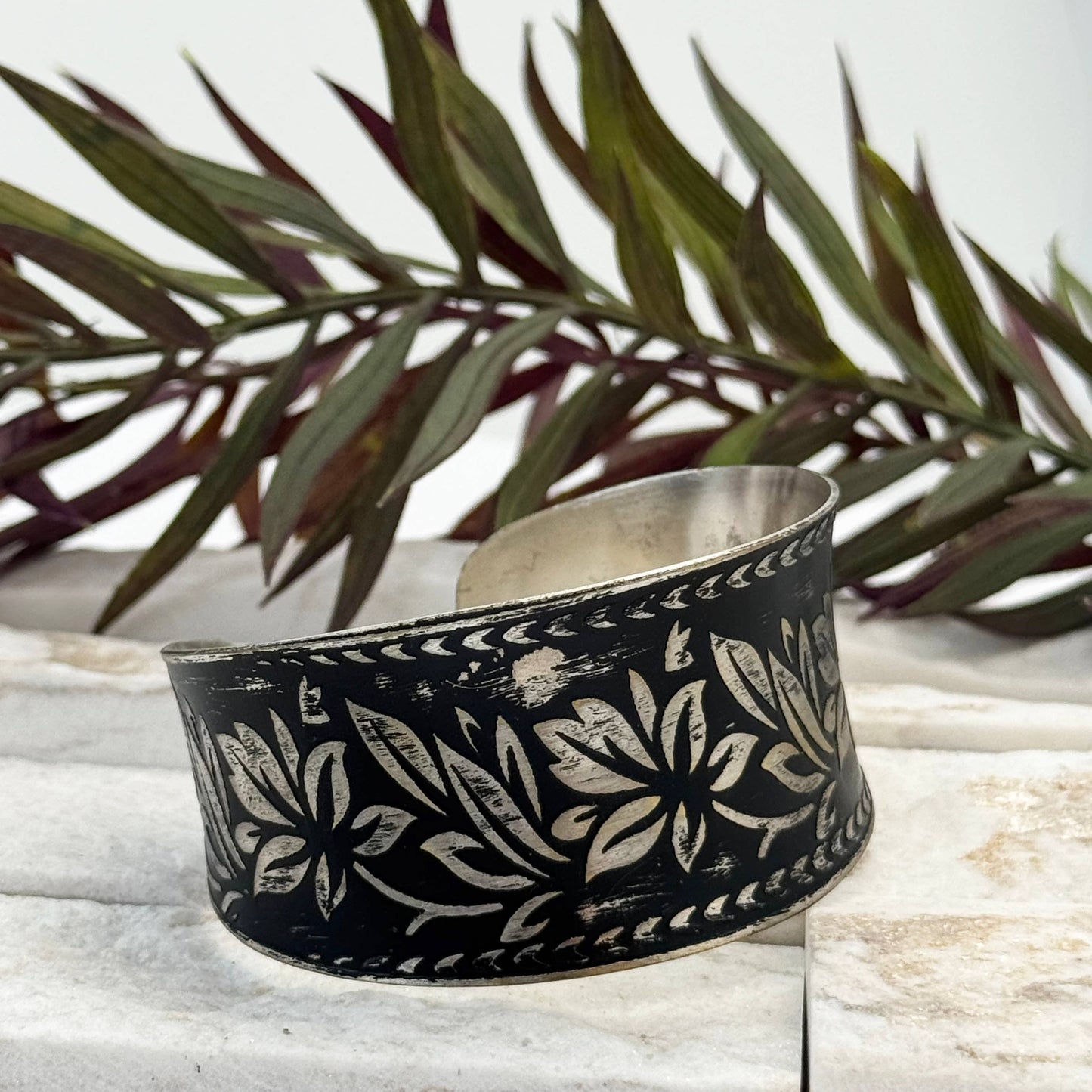 Handcrafted Silver Patina Black Floral Cuff