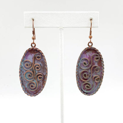 Copper Patina Earrings - Three Double Spirals in Lilac Ovals