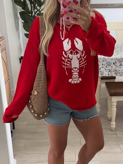 Rolled Trim Lobster Graphic Knit Top In Red
