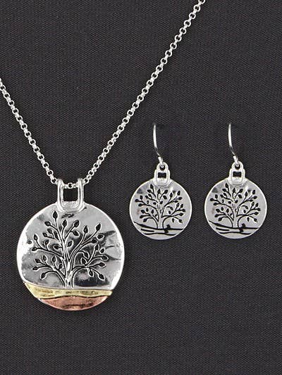Antique Silver Tree of Life  Round Necklace Set